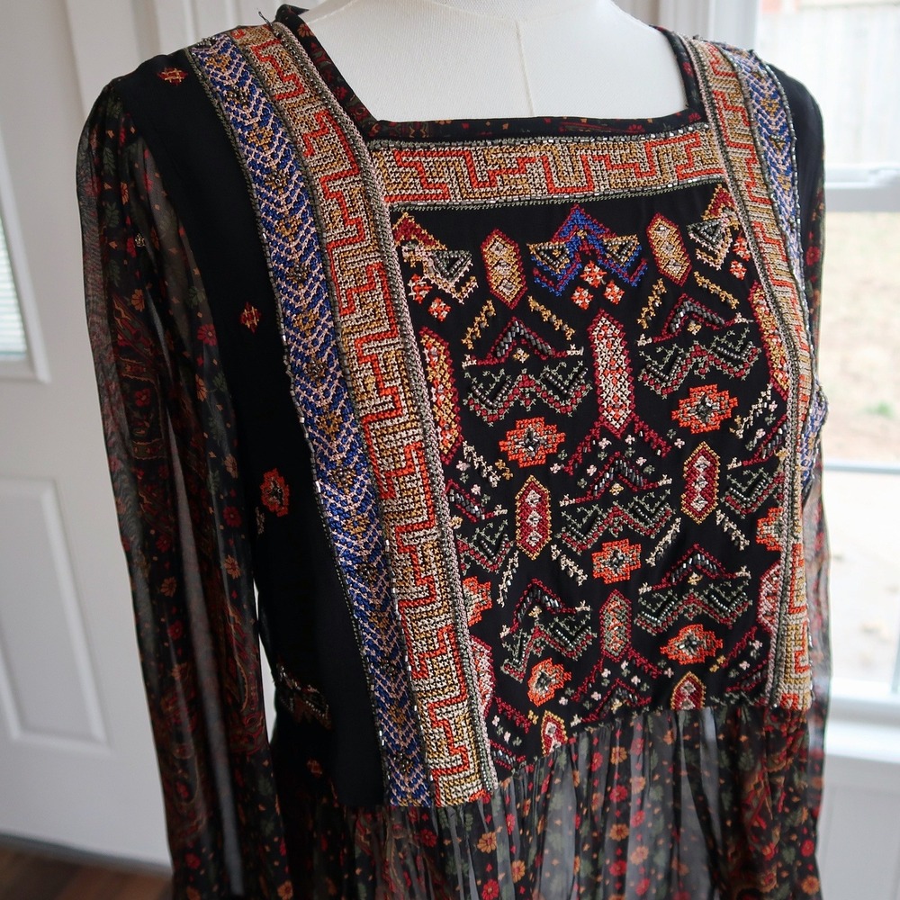 Akemi Kin Anthropologie Womens Embroidered Beaded Sheer Midi Dress S Boho Folk - Picture 2 of 9